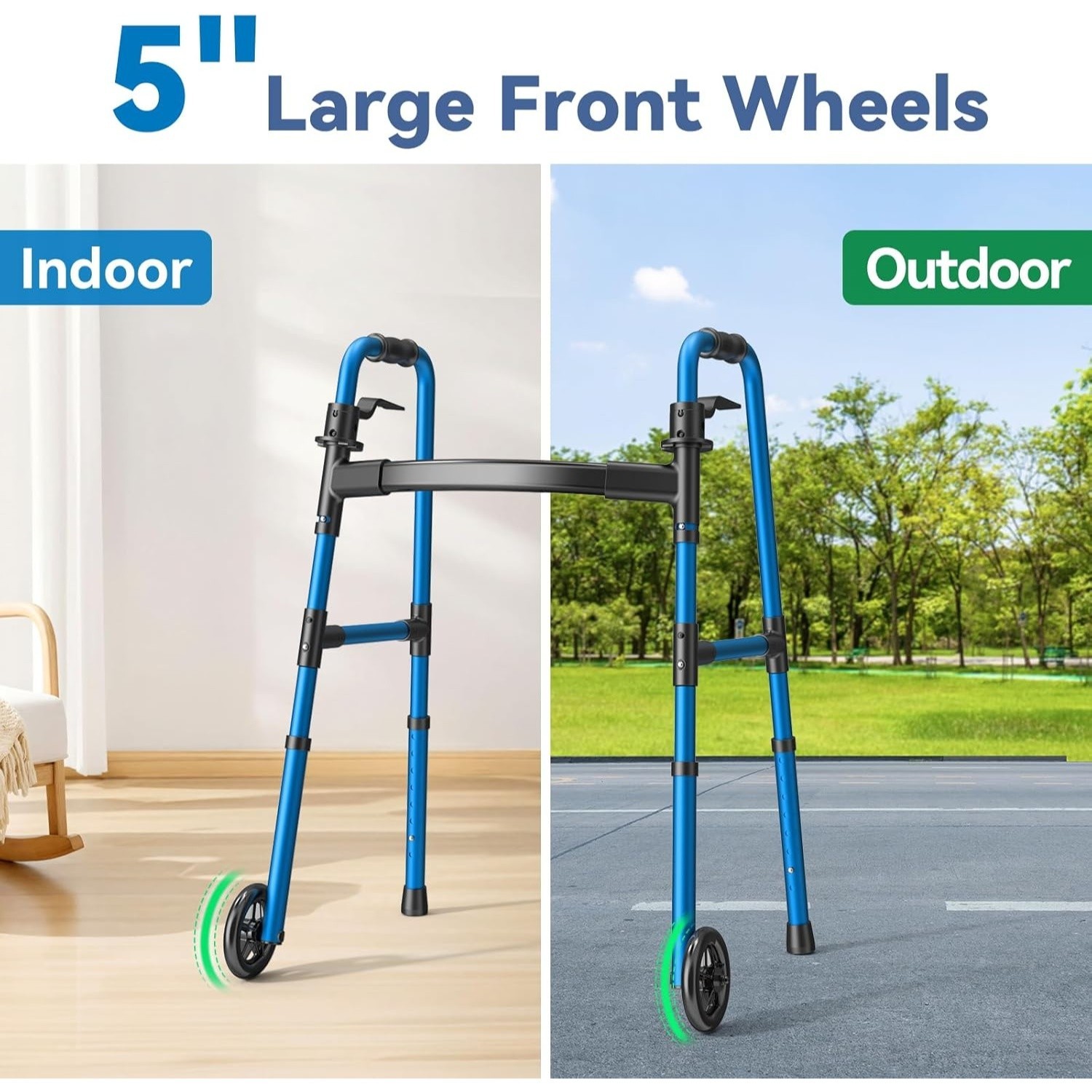 Folding Walker with 2 Skis and 5" Wheels Lightweight Walker Up to 350 Lbs BLUE