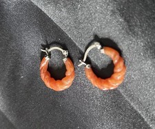 D’Joy Pink Jade Hoop Earrings Carved 925 Sterling Silver