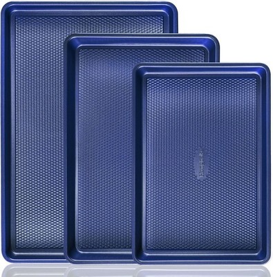 Baking Sheet Pan Set Nonstick Heavy Duty Cookie Tray Dark Blue Diamond Pattern