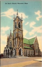Vintage Postcard Worcester Massachusetts Mass St. Paul's Church Linen