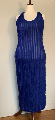 MICAS Blue Ruffle Maxi Dress XL Cobalt Textured Halter Back Semi-Sheer Sexy NWT