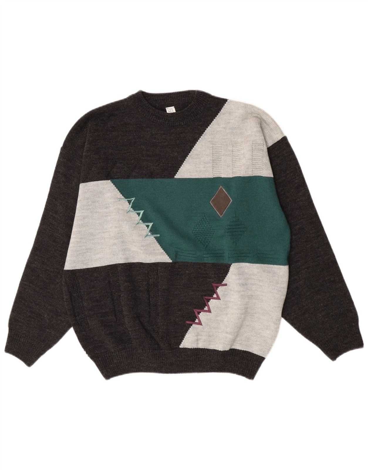 Vintage Mens Crew Neck Jumper Sweater UK 40/42 Medium Grey Colourblock AN07