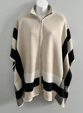 JONES NEW YORK Sweater Poncho Cape 0X/1X Zip Front Black Beige White High Neck