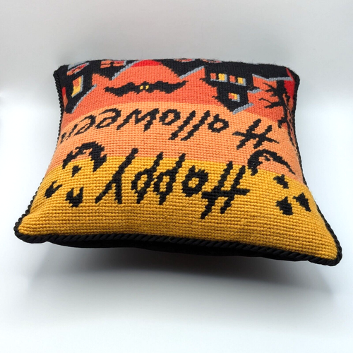 Happy Halloween Needlepoint Pillow Wool & Velvet Jack-o'-lantern Bat Houses - Picture 6 of 6