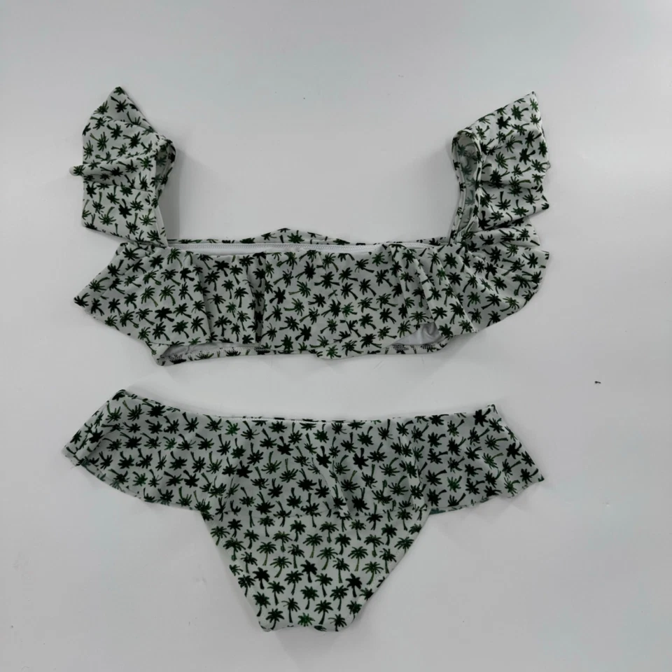 Milly Cabana Palm Print Bikini Set - M - Ruffled Top & Bottom - Green & White - Image 2 of 4
