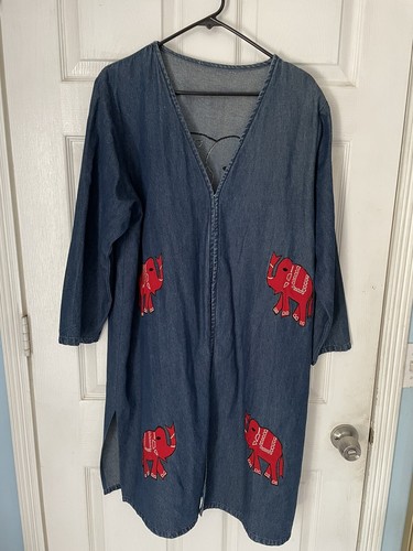 Unisex Size Medium/Large Denim Open Front Long Embroidered Elephants Robe - Picture 2 of 8