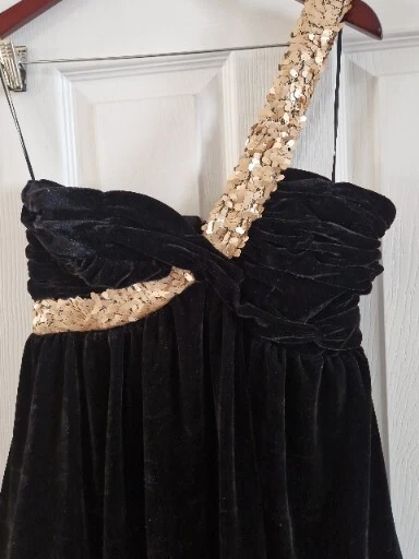 One Shoulder Party Dress "Rare Opulence" Black Velvet Feel Net Sequins Size 10 - Image 3 of 4