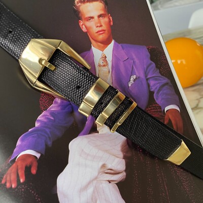 GIANNI VERSACE black leather belt w/ 3 gold tone loops size
