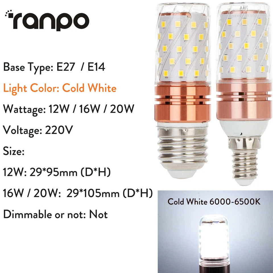 E14 E27 LED Corn Bulb Light 20W 16W 12W 3 Colors 220V 2835SMD Lamp High Power RH - Image 4 of 4