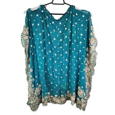 Handcrafted Teal  Gold Embroidered Sheer Shawl With Floral Motifs