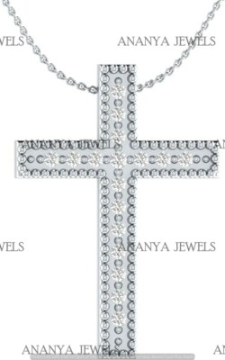 14K White Gold Plated Lab-Created Diamond Religious Cross Pendant 18'' With Chain