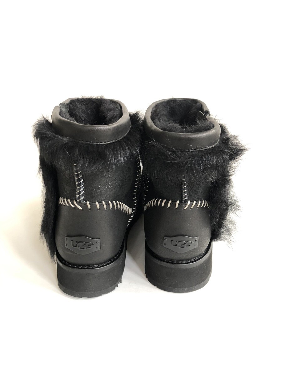UGG CLASSIC MINI FLUFF PUNK BLACK SHEARLING STITCH BOOT US 6 / EU