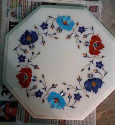 12'' White Marble Table Top Center Coffee Mosaic Lapis Inlay Decor Handicraft