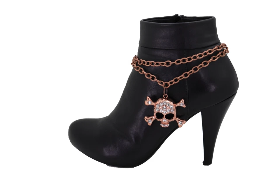 Mujer Oro Rosa Metal Bota Cadena Pulsera Zapato Esqueleto Calavera Dije Color Bronce Foto 2 de 4