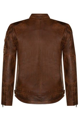 Mens Brown Leather Biker Jacket Retro Casual Zipped Racing Moto Badges Motorbike - Picture 3 of 4