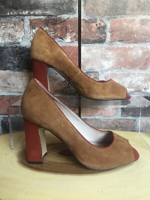Next Forever Comfort 100% Suede Peep Toe Heeled Shoes Tan Orange