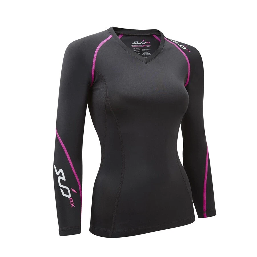 SUB RX SPORTS WOMEN'S COMPRESSION BASELAYER LS TOP BLACK /NEON CORAL SIE XS NEW - Image 2 of 4