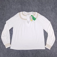 Boden Top Womens 8 White Gold Cross Stitch V Neck Ruffles Stretch Viscose Blouse