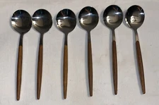 JASHII Wood Tone Handle Stainless 6” Dessert Spoon Ice Cream, Coffee Set Of (6)