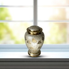 Elegant Solid Brass Shine White Leaves Urns - Handcrafted Memorial Urn for Ashes