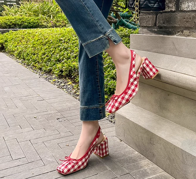 Zapatos sandalia con cordones y tacón bloque pajarita punta cuadrada a cuadros de moda para mujer nuevos Foto 3 de 4