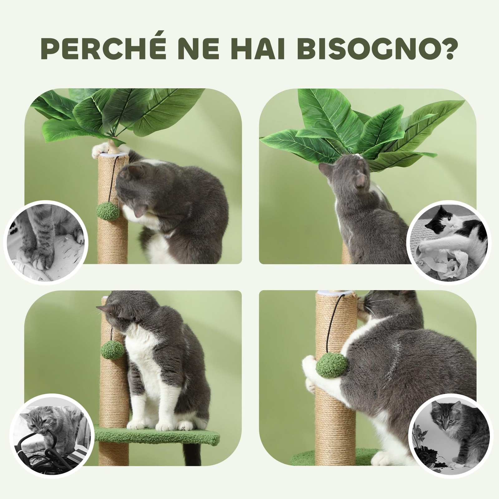 PawHut Albero per Gatti con Palo Tiragraffi Piattaforme Ø40x83 cm Verde Palline foto 5