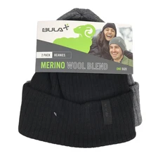 BULA Hat Beanie One Size Black Gray Merino Wool Blend 2 Pack Mens Thermal Warm