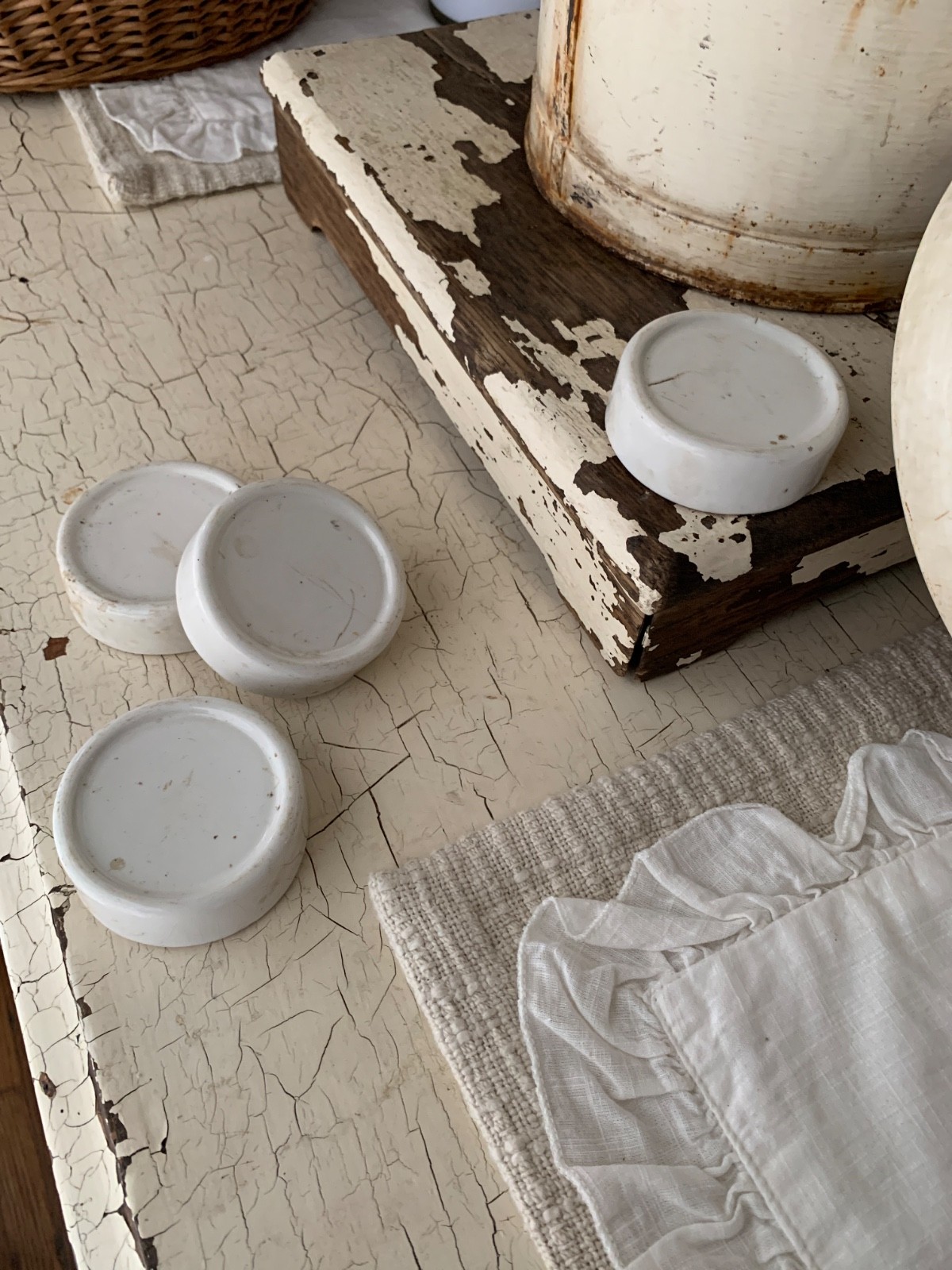 VINTAGE Antique IRONSTONE BUTTER PAT 2.75” slab Chunky STAINING FARMHOUSE Riser