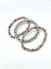 Mixed Metal Beaded Stretch Bracelet Set Silver  Rose Gold Tone Stacking
