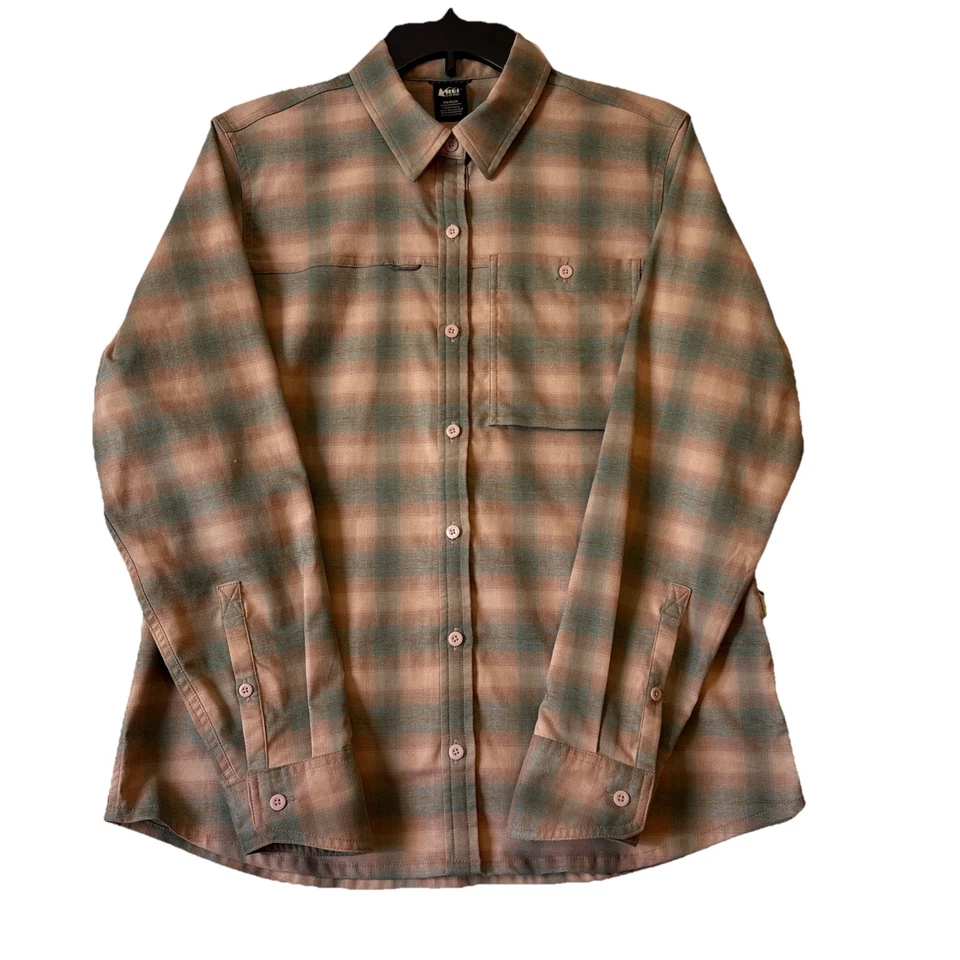 Camisa REI Mujer Mediana Verde Rosa Cuadros Manga Larga Botón Franela Senderismo Foto 2 de 4