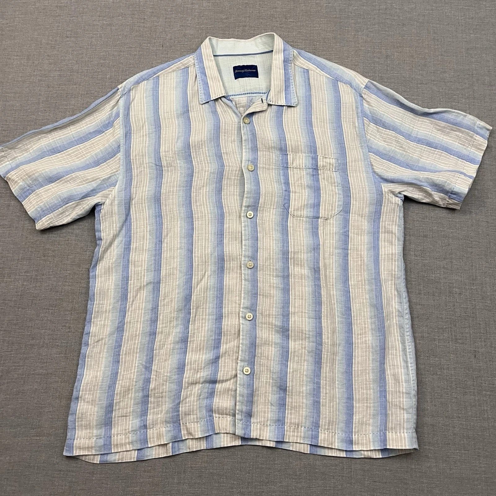 Tommy Bahama Shirt Mens Large Blue Striped Linen Short Sleeve Beach Casual