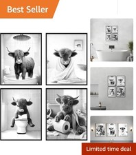 Hilarious Highland Cow Wall Decor - Stylish Black and White Bathroom Art Set