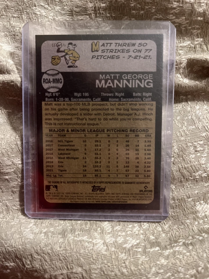2022 Topps Heritage Matt Manning Real One Auto RC Detroit Tigers ROA-MMG - Image 2 of 2
