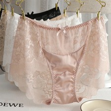Satin Brief Panties Mid Rise Women's Lace Trim Sheer Breathable Lingerie