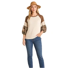 Umgee Women's XL Boho Milkmaid Waffle Knit Top with Floral Print Puff Sleeves