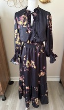 Vince Camuto Dress Womens 1X Black Floral Tie Neck Smocked Waist Midi
