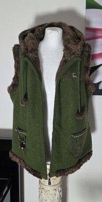Spieth & Wensky Waistcoat Green Wool Zip Hood Fur Ladies UK 16 Winter Warm