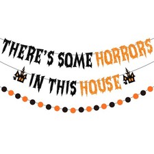 There's Some Horrors In This House Banner Halloween Party Decorations Glitter...