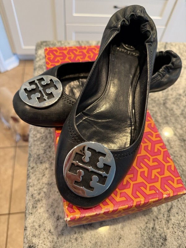 Black Tory Burch Minnie Travel Leather Ballet Flat with Silver Hardware - Sz 10