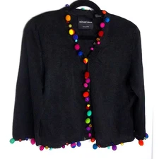 Vintage Michael Simon Black Colorful Pom Pom Cardigan Sweater Size Large