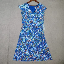 London Times Midi Dress Women's 14 Blue Peach Floral Flutter Sleeve Stretch NWT