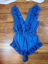 Vintage 1980s 80s Mini Blue Lingerie Teddy Val Mode Medium Lace Ruffle