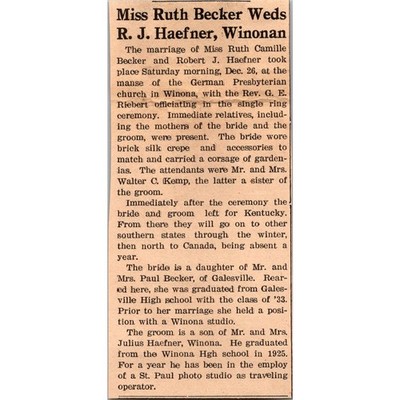 Miss Ruth Becker Weds R. J. Haefner Winonan 1936 Galesville WI Clipping SAH6-M8