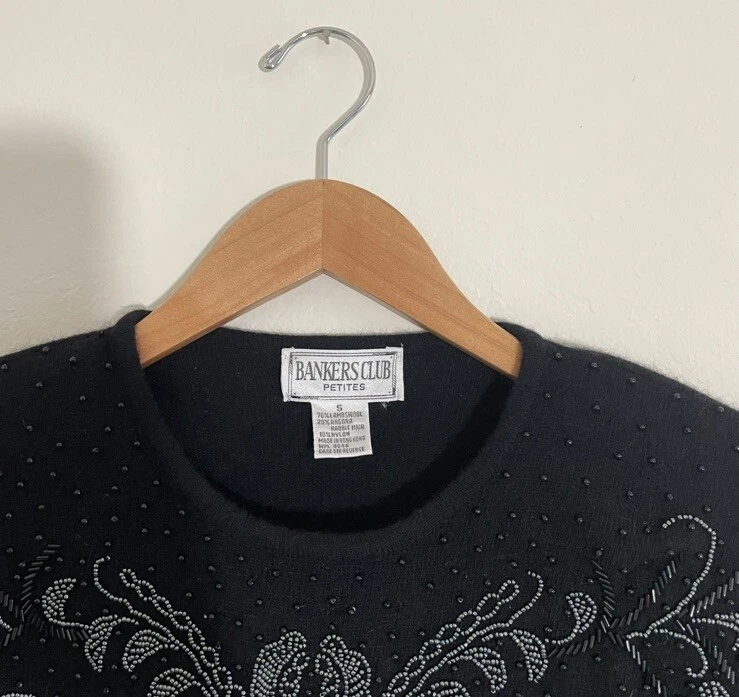 Suéter Pequeño Pequeño Vintage Lana de Cordero Negro Angora Cuentas a Mano Foto 3 de 4