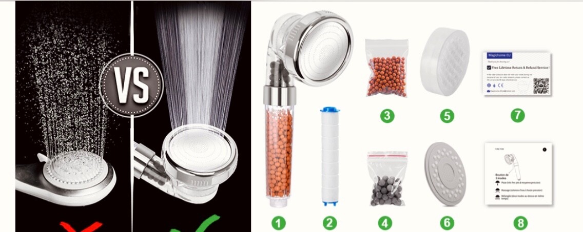Pommeau Douche Anti-Calcaire Économiseur d'Eau Douchette Filtrante Magichome Écologique