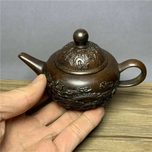 Antique Retro Pure Copper Teapot Dragon Phoenix Dance Kettle Flagon Qianlong - Picture 1 of 10