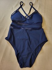 Women's One Piece Swimsuit Mesh Accents Navy Blue Sz M See Measurements