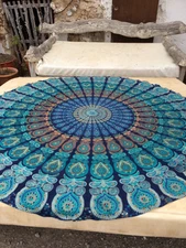 Indian Round Mandala Beach Throw Hippie Tapestry Yoga Mat Blue Bohemian Roundie