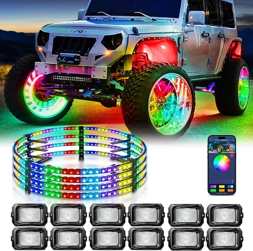 12 cápsulas luces de roca LED RGB+IC, 4 piezas luces de llanta de rueda de persecución de 15,5" control de aplicación - Imagen 46 de 50