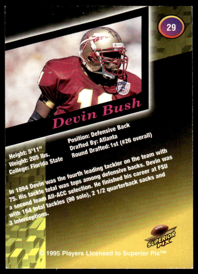 1995 Superior Pix #29 Devin Bush FOOTBALL FSU - Image 2 of 2